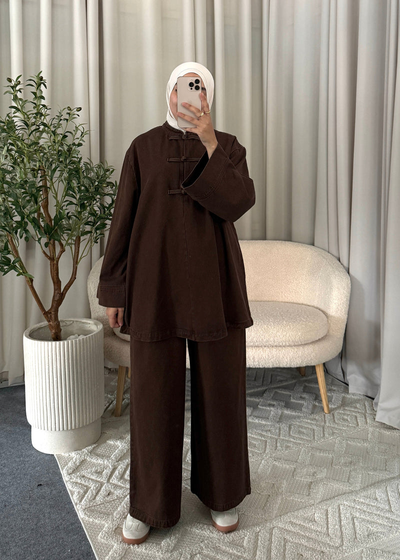 Amaya Denim Set Coffee with long top, knot closures and wide-leg trousers