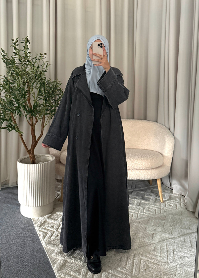 Close-up of the Zaya Denim Trenchcoat Black with denim details