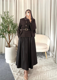 Elara Faux Leather Skirt Dark Brown with a flowy wide fit