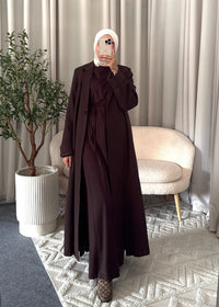 Elaya Long Blazer Dark Brown with long modest fit and single-button closure