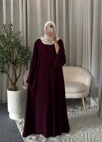 Layana Embellished Abaya Burgundy with wide sleeves and subtle stone details