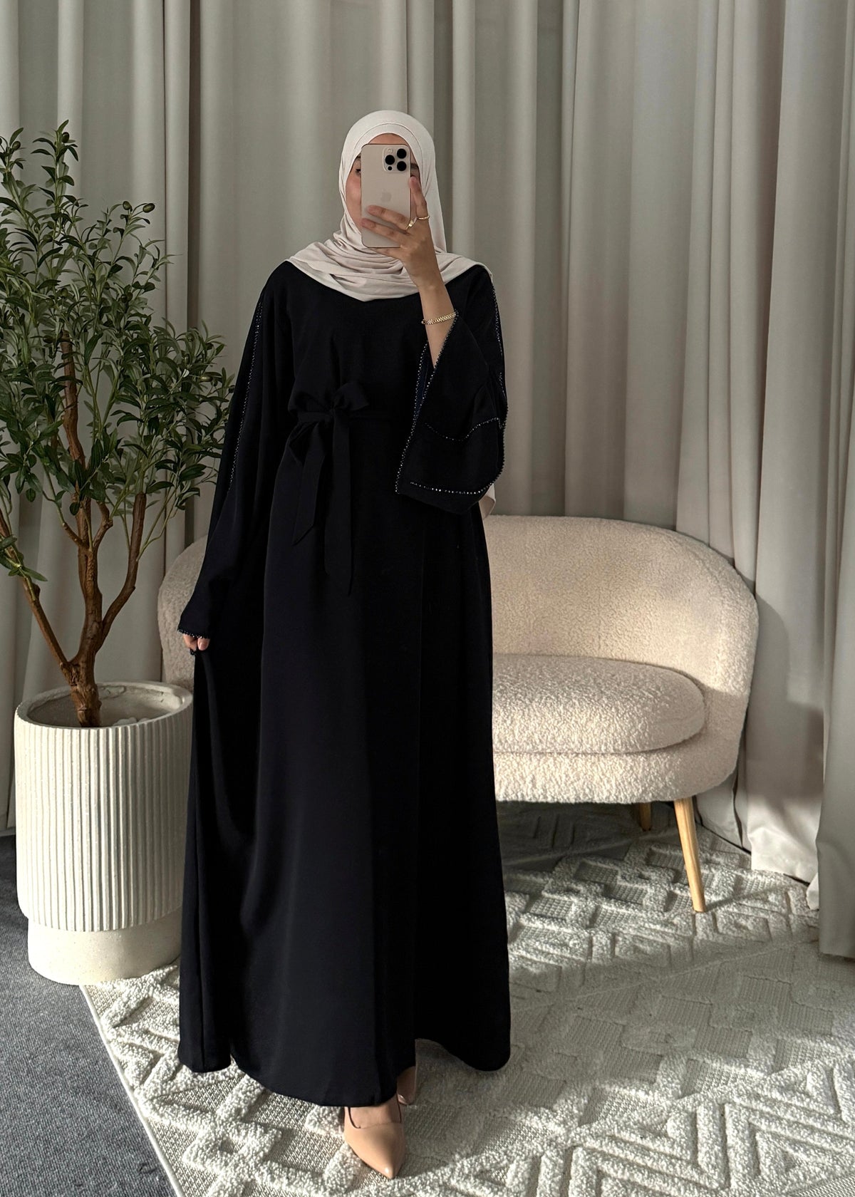 Layana Embellished Abaya Dark Blue with stone detailing along the wide sleeves