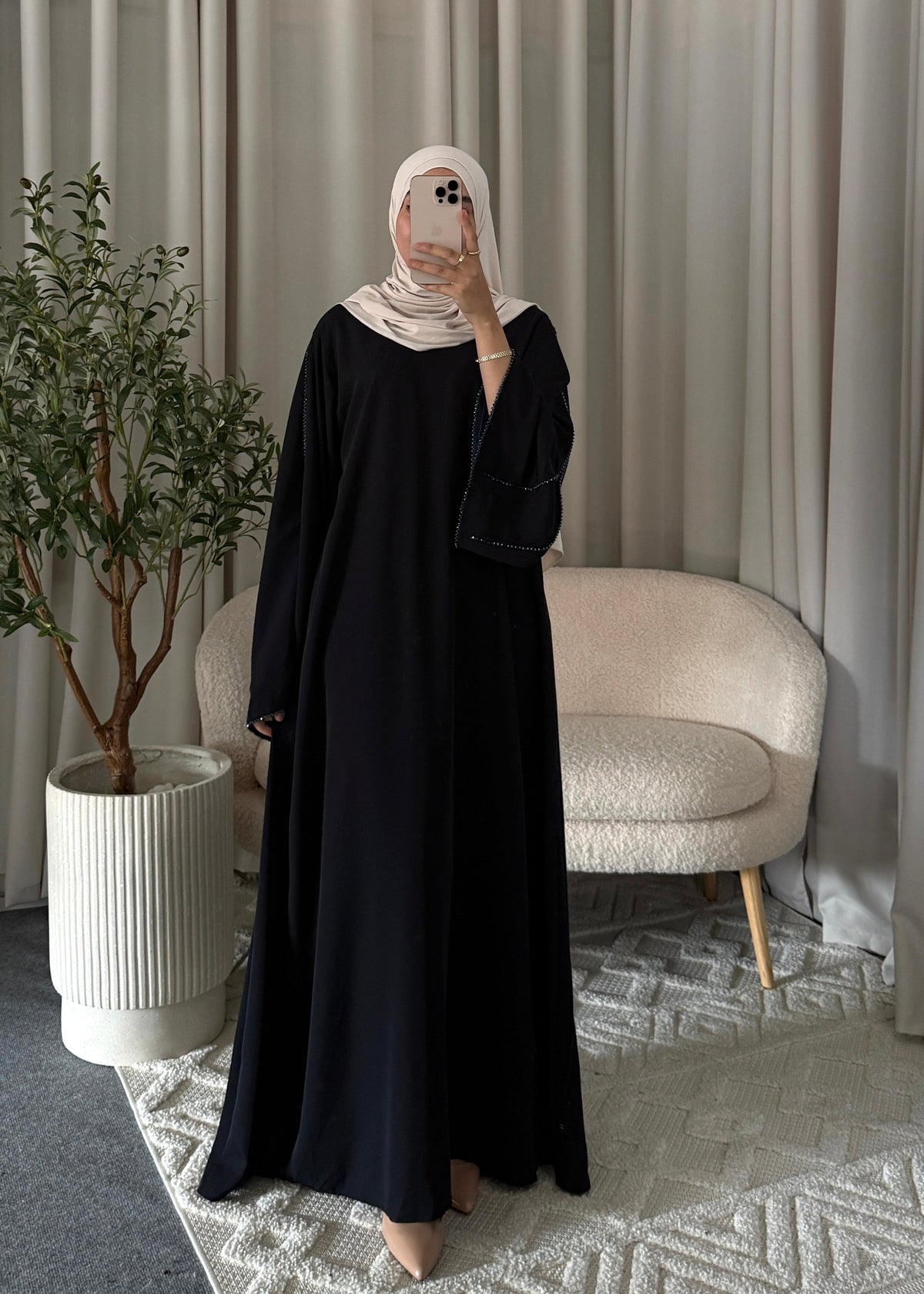 Layana Embellished Abaya Dark Blue with wide sleeves and subtle stone details