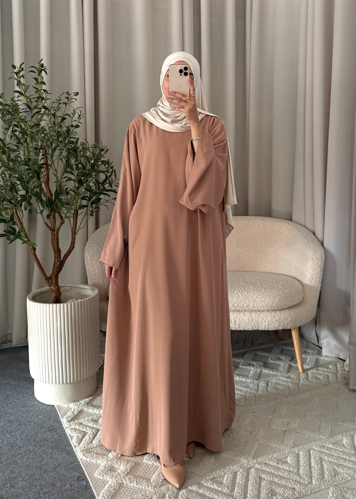 Layana Embellished Abaya Old Pink with wide sleeves and subtle stone details