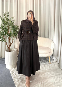 Maelle Checked Belted Top Dark Brown styled with a long dark brown skirt