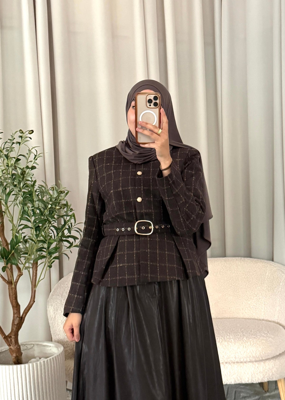 Maelle Checked Belted Top Dark Brown with matching belt and gold-tone buttons