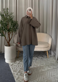 Maya Oversized Polo Top Taupe with a relaxed flowy fit and wide sleeves