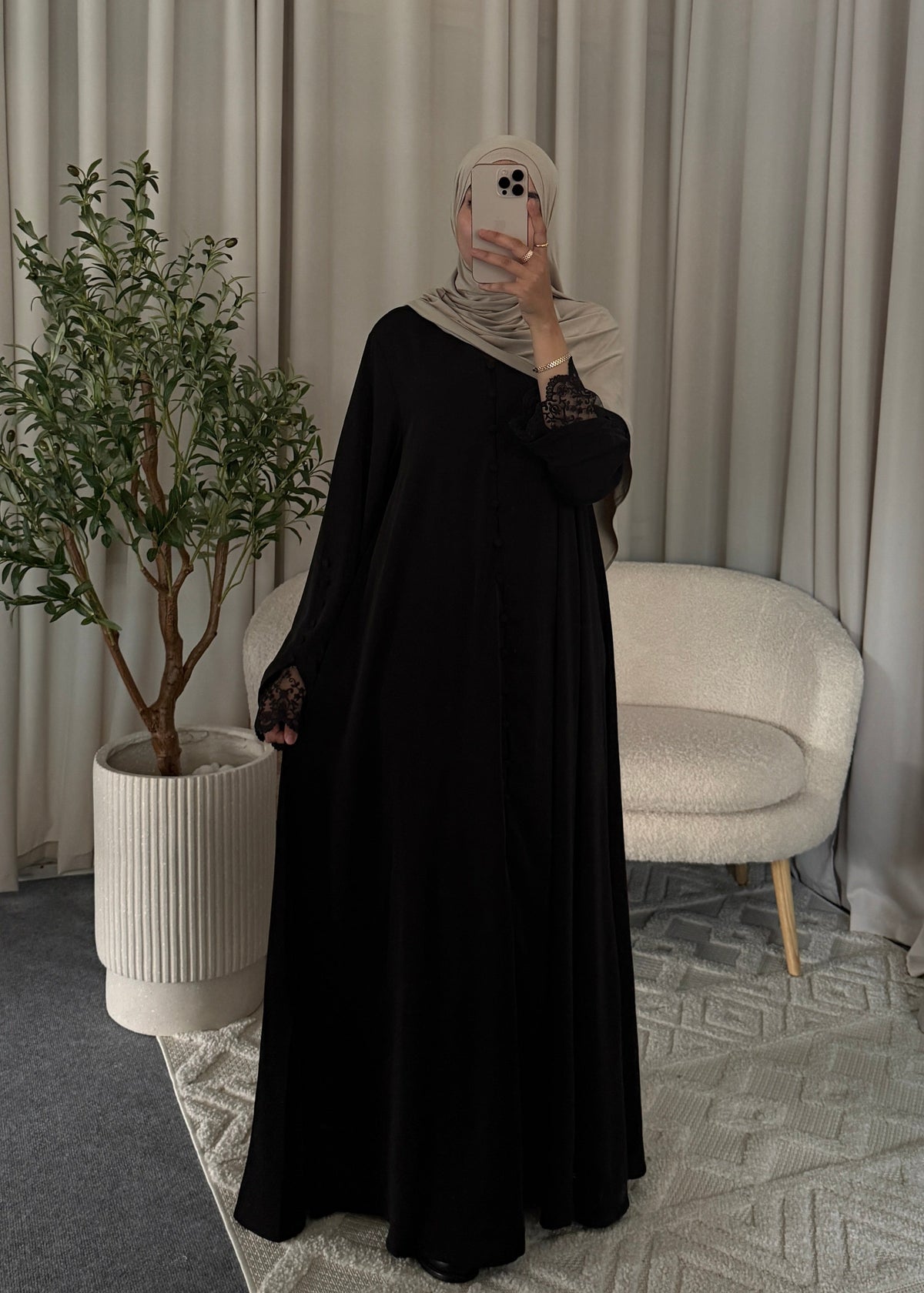 Nayla Lace Abaya Black with lace sleeve details and full button closure