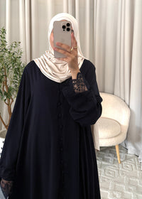 Nayla Lace Abaya Navy Blue with lace cuff details and full button closure