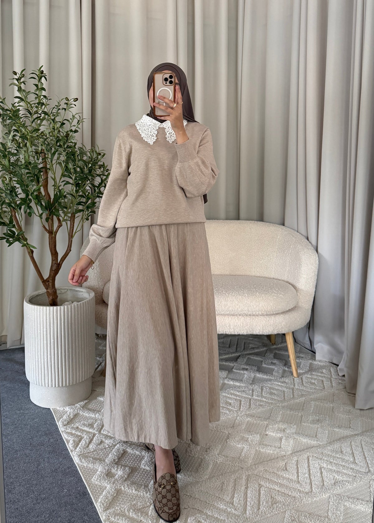 Nour Lace Knit Set Beige styled as a complete modest outfit