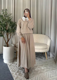 Nour Lace Knit Set Beige with flowy skirt and white lace collar