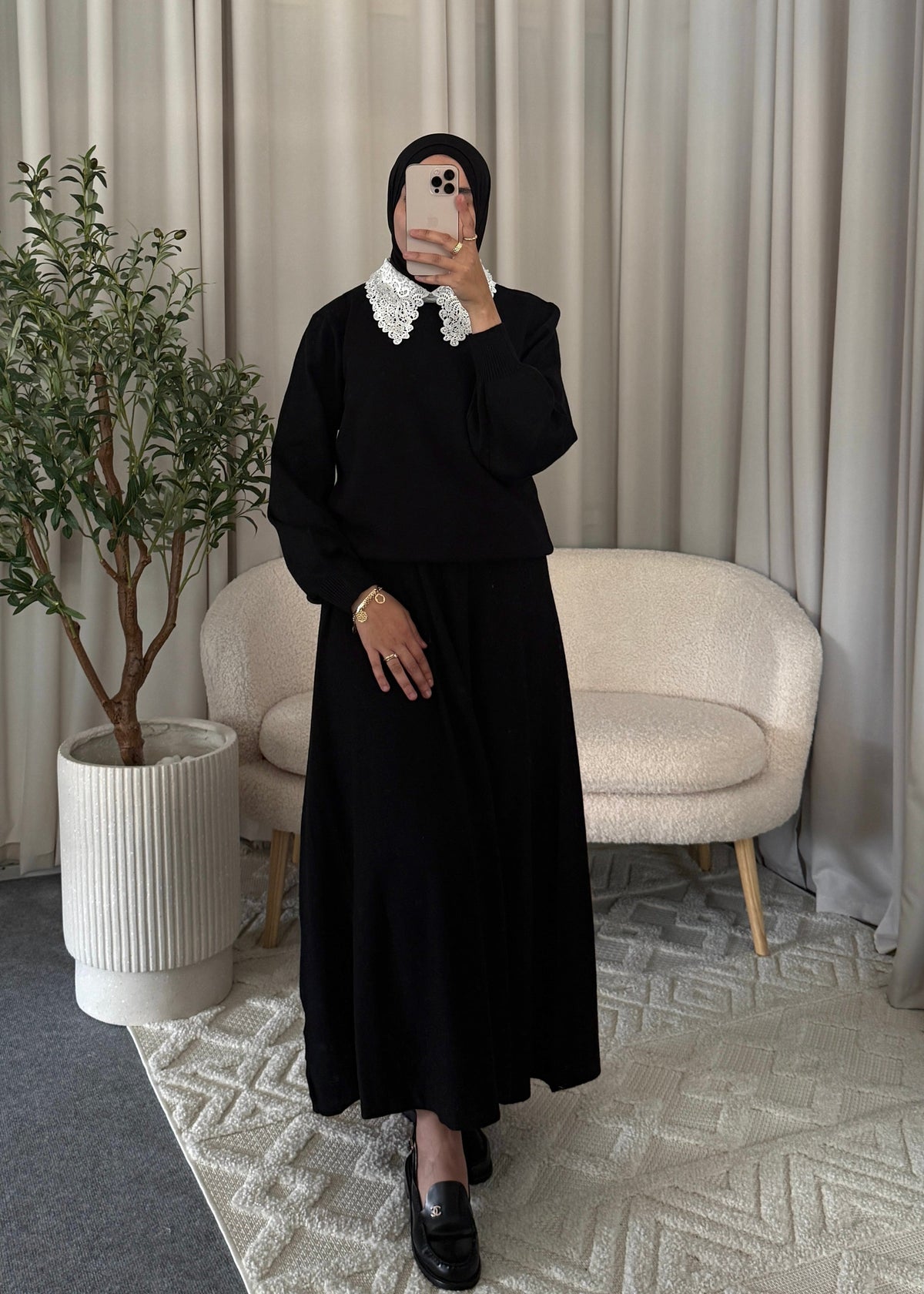 Nour Lace Knit Set Black styled as a complete modest outfit