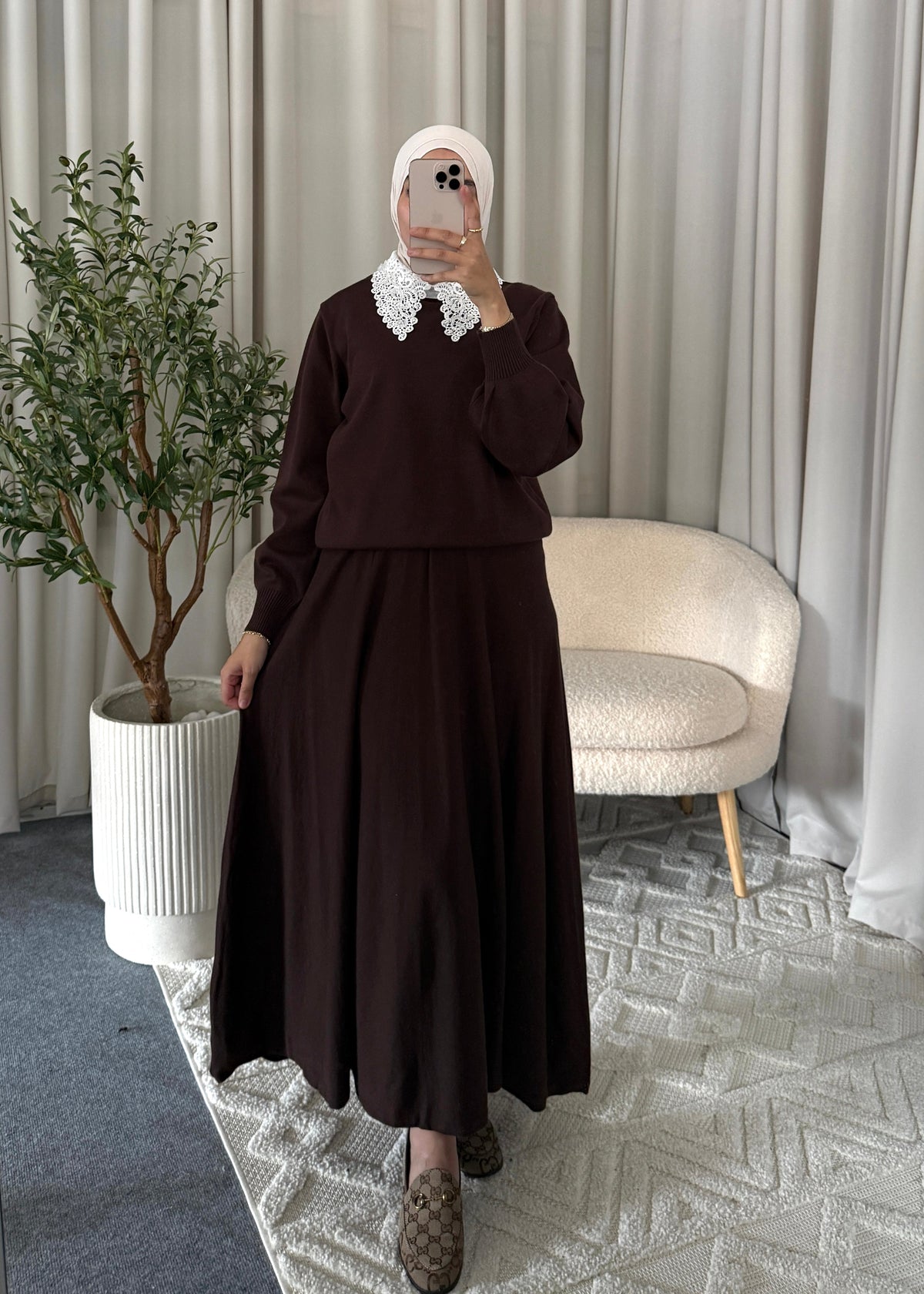 Nour Lace Knit Set Brown with flowy skirt and white lace collar