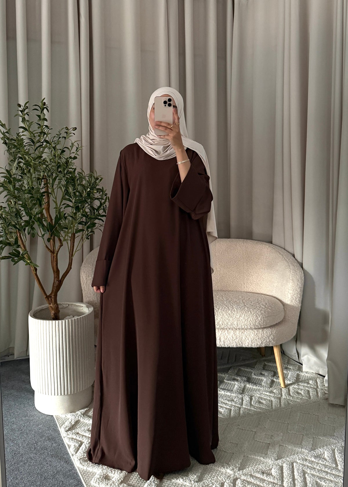 Raya Flow Abaya Coffee with a soft flowy fit and wide sleeves
