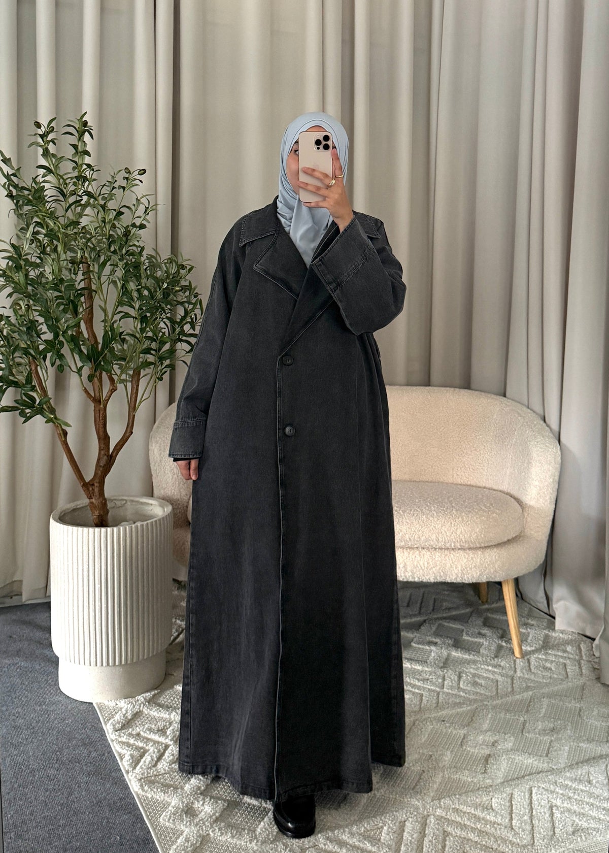Zaya Denim Trenchcoat Black with long modest silhouette